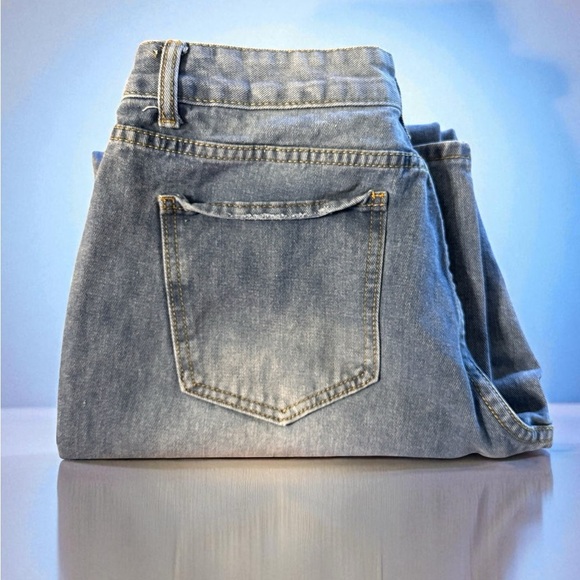 Womens Size Large Distressed Wide Leg Baggy Retro Jeans Slight Stretch Blue - Picture 4 of 12